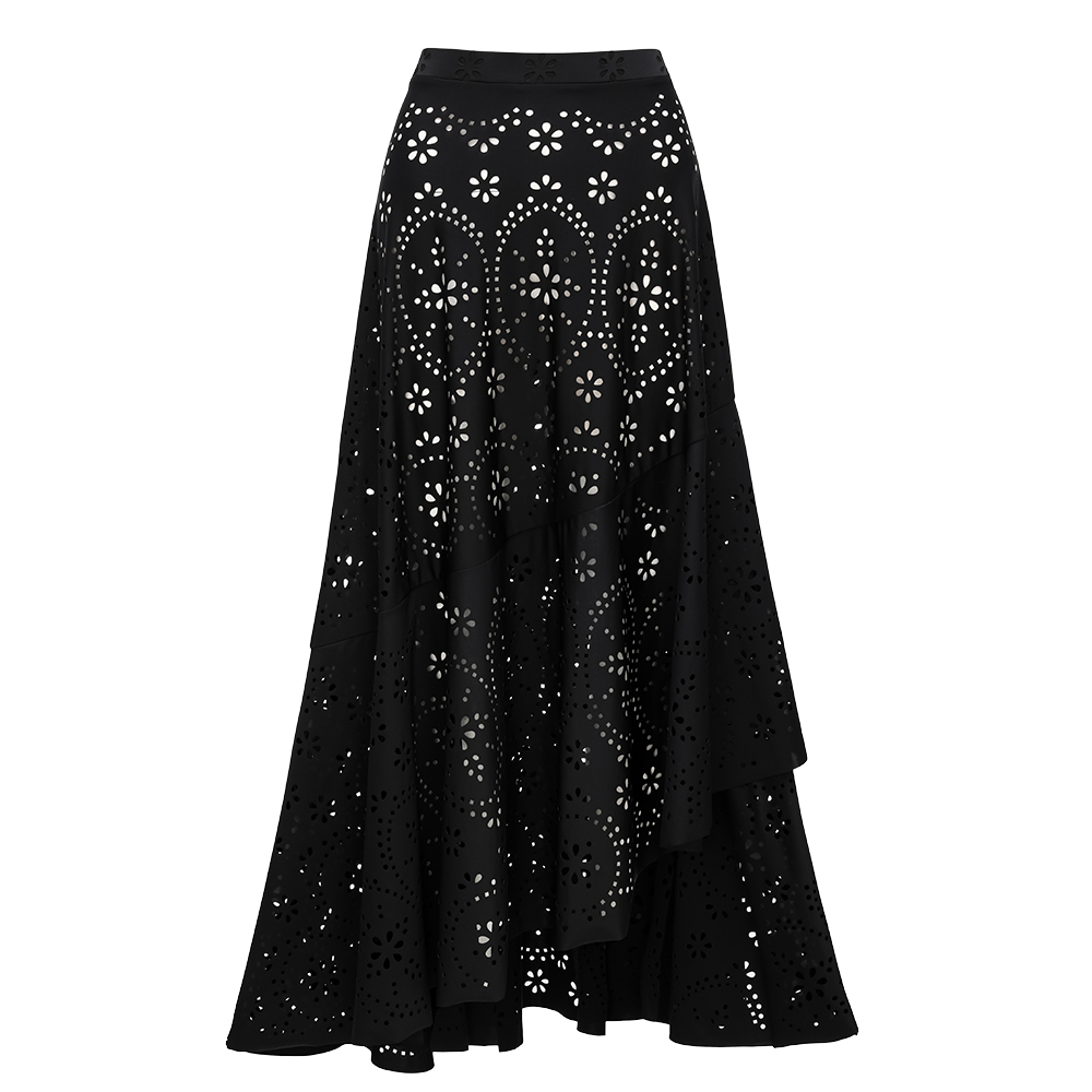 Women's Black Laser Cut Hollow-Out One-Piece Swimsuit & Long Skirt Set Scalloped V-Neck Beach Vacation Resort Pool Party Cruise – Black - Lolly 