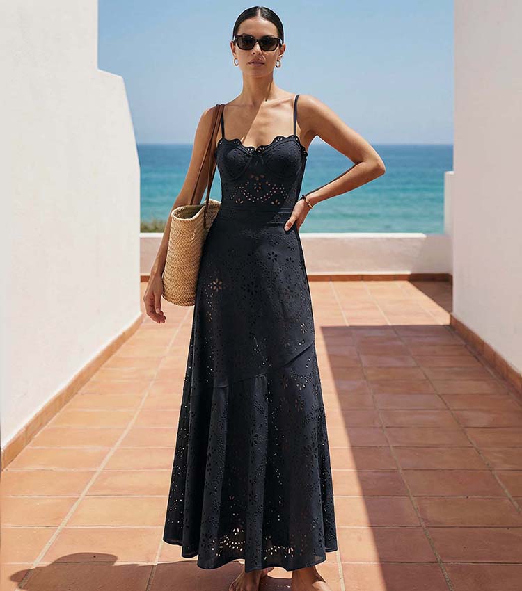 Women's Black Laser Cut Hollow-Out One-Piece Swimsuit & Long Skirt Set Scalloped V-Neck Beach Vacation Resort Pool Party Cruise – Black - Lolly 