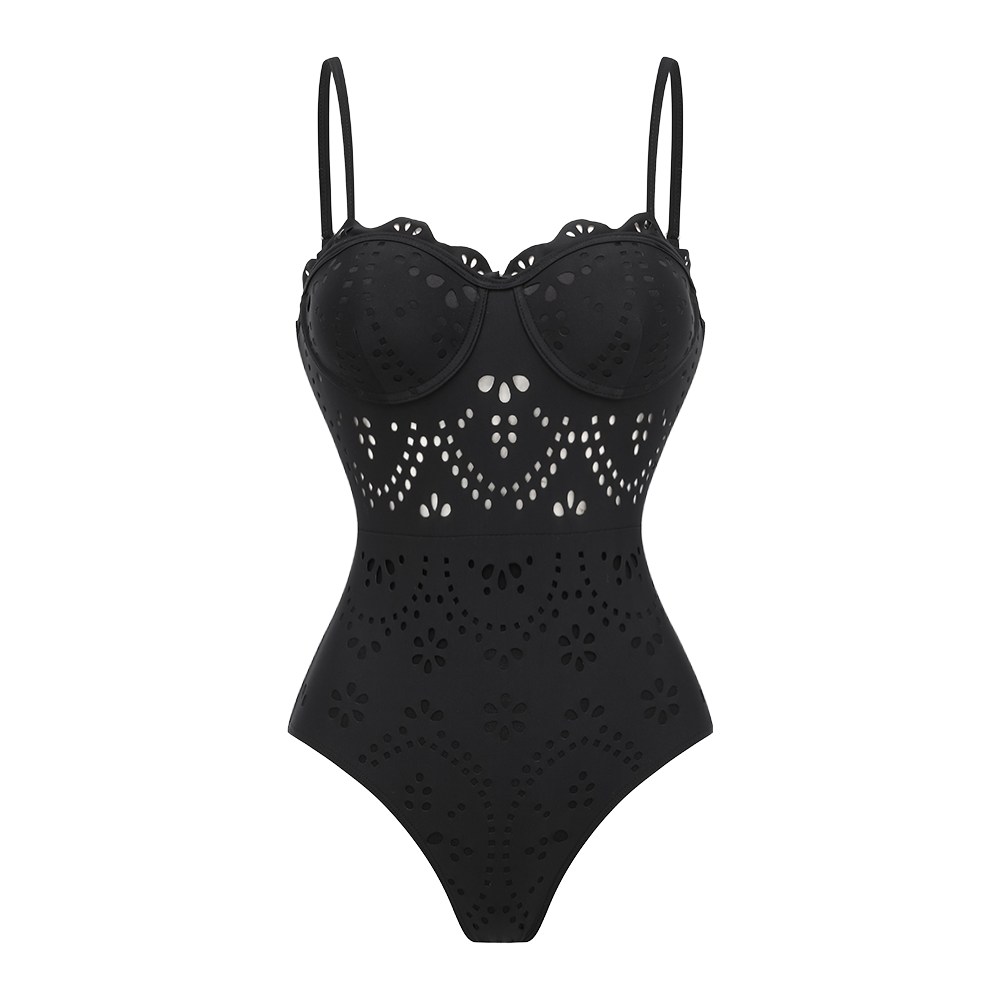 Women's Black Laser Cut Hollow-Out One-Piece Swimsuit & Long Skirt Set Scalloped V-Neck Beach Vacation Resort Pool Party Cruise – Black - Lolly 