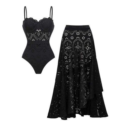 Women's Black Laser Cut Hollow-Out One-Piece Swimsuit & Long Skirt Set Scalloped V-Neck Beach Vacation Resort Pool Party Cruise – Black - Lolly 