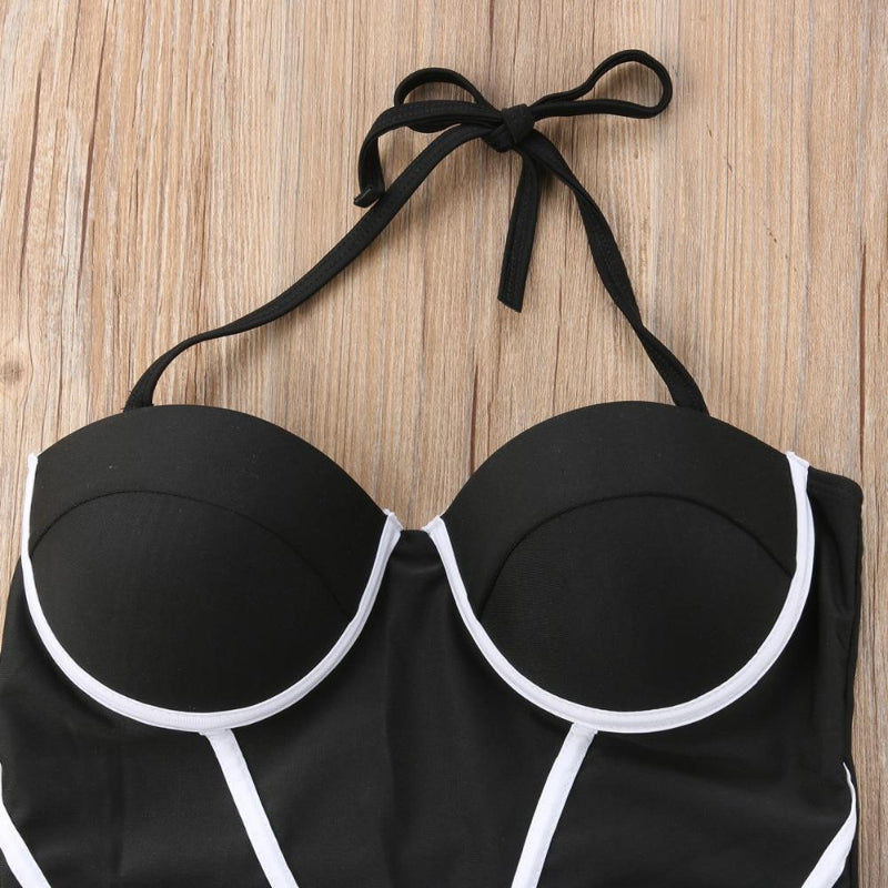 Women's Black White Boho One-Piece Swimsuit Push-Up Strapless Halter Versatile Sculpting Beach Summer Swimwear – Black White - Lolly 