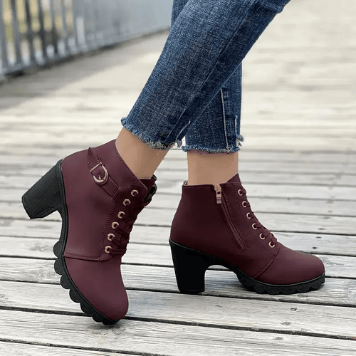 Women's Block Heel Ankle Boots Lace-Up Buckle Detail Combat Style - Lolly 