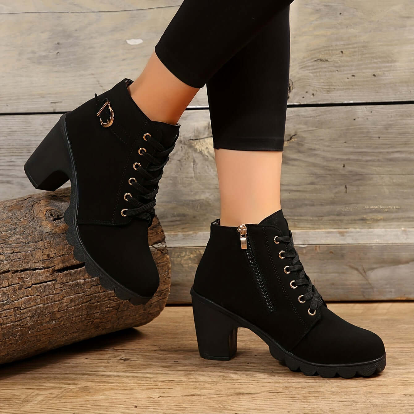 Women's Block Heel Ankle Boots Lace-Up Buckle Detail Combat Style - Lolly 