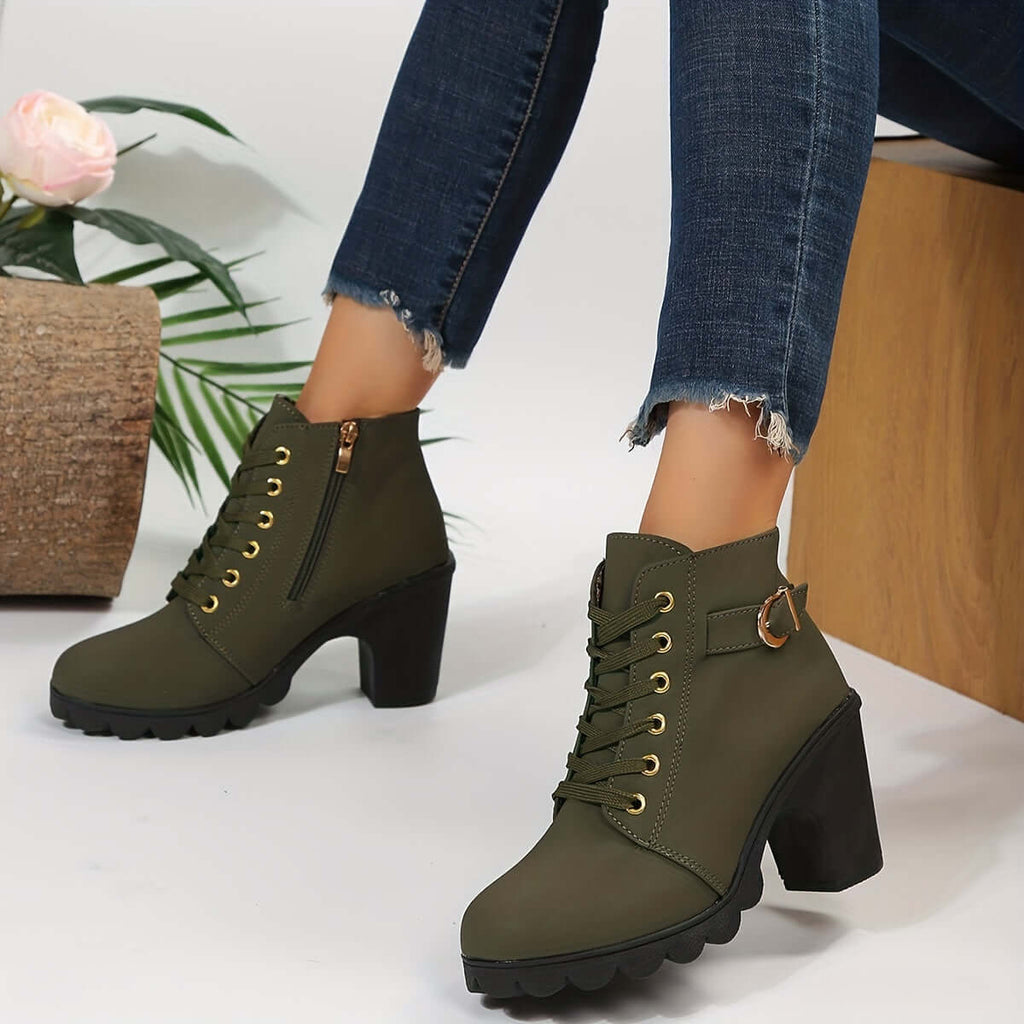 Women's Block Heel Ankle Boots Lace-Up Buckle Detail Combat Style - Lolly 