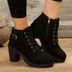 Women's Block Heel Ankle Boots Lace-Up Buckle Detail Combat Style - Lolly 