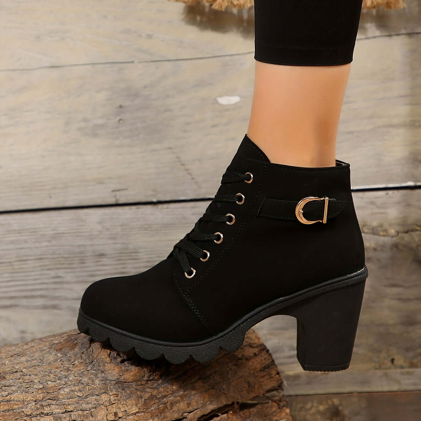 Women's Block Heel Ankle Boots Lace-Up Buckle Detail Combat Style - Lolly 