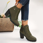 Women's Block Heel Ankle Boots Lace-Up Buckle Detail Combat Style - Lolly 