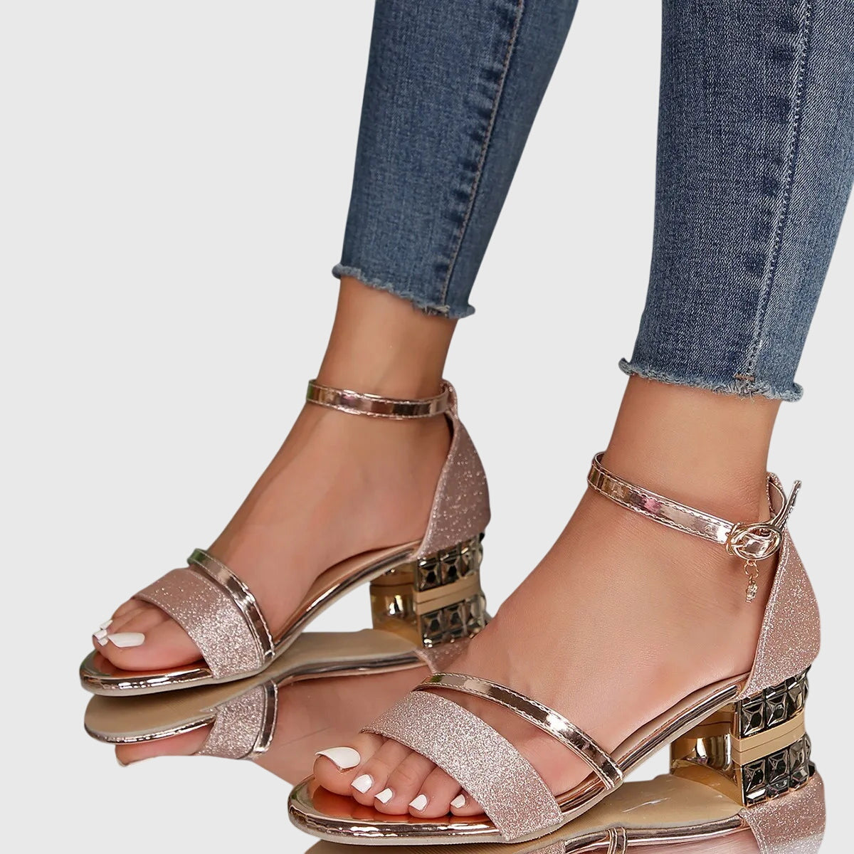 Women's Block Heel Sandals Ankle Strap Glitter Open Toe Evening Party - Lolly 