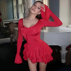 Women's Bodycon Mini Dress Long Sleeve Asymmetrical V-Neck Pleated Ruffle Hem Button Detail Casual Party Date Night Evening Club – Rosalie - Lolly 