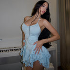 Women's Bodycon Mini Dress Long Sleeve Asymmetrical V-Neck Pleated Ruffle Hem Button Detail Casual Party Date Night Evening Club – Rosalie - Lolly 