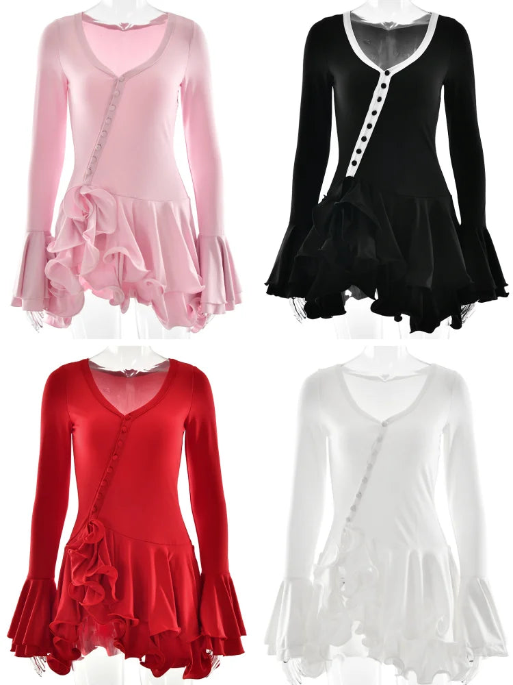 Women's Bodycon Mini Dress Long Sleeve Asymmetrical V-Neck Pleated Ruffle Hem Button Detail Casual Party Date Night Evening Club – Rosalie - Lolly 