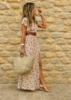 Women's Bohemian Floral Long Dress V-Neck Wrap Style Long Sleeve Casual Summer Beach Vacation Travel Wedding Guest Garden Party – Lucila - Lolly 