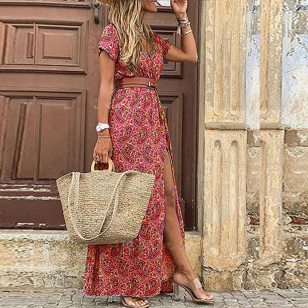 Women's Bohemian Floral Long Dress V-Neck Wrap Style Long Sleeve Casual Summer Beach Vacation Travel Wedding Guest Garden Party – Lucila - Lolly 