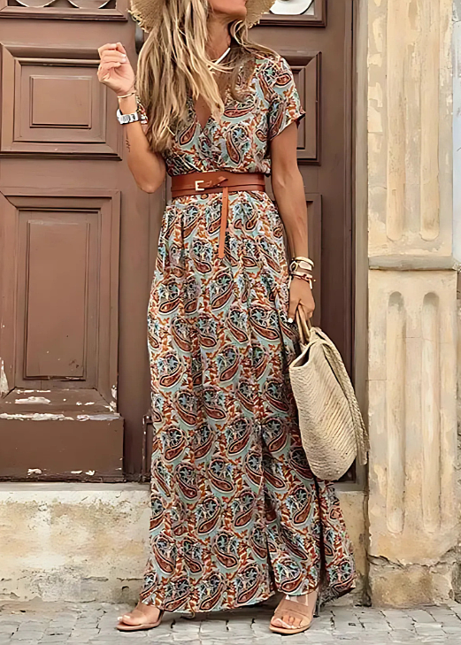 Women's Bohemian Floral Long Dress V-Neck Wrap Style Long Sleeve Casua – Lolly