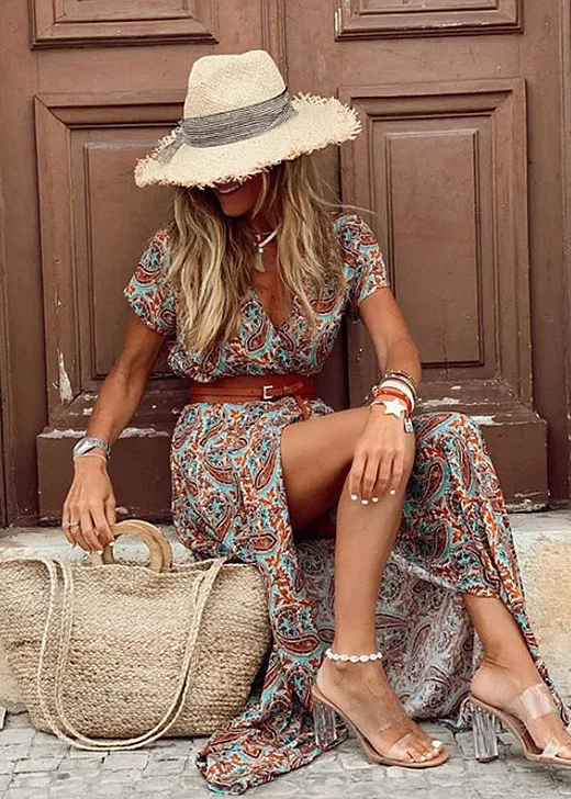 Women's Bohemian Floral Long Dress V-Neck Wrap Style Long Sleeve Casua – Lolly
