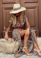 Women's Bohemian Floral Long Dress V-Neck Wrap Style Long Sleeve Casual Summer Beach Vacation Travel Wedding Guest Garden Party – Lucila - Lolly 