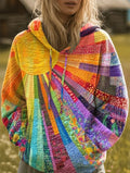 Women's Bohemian Quilted Patchwork Hoodie Oversized Pullover Casual Festival Sweater - Lolly 