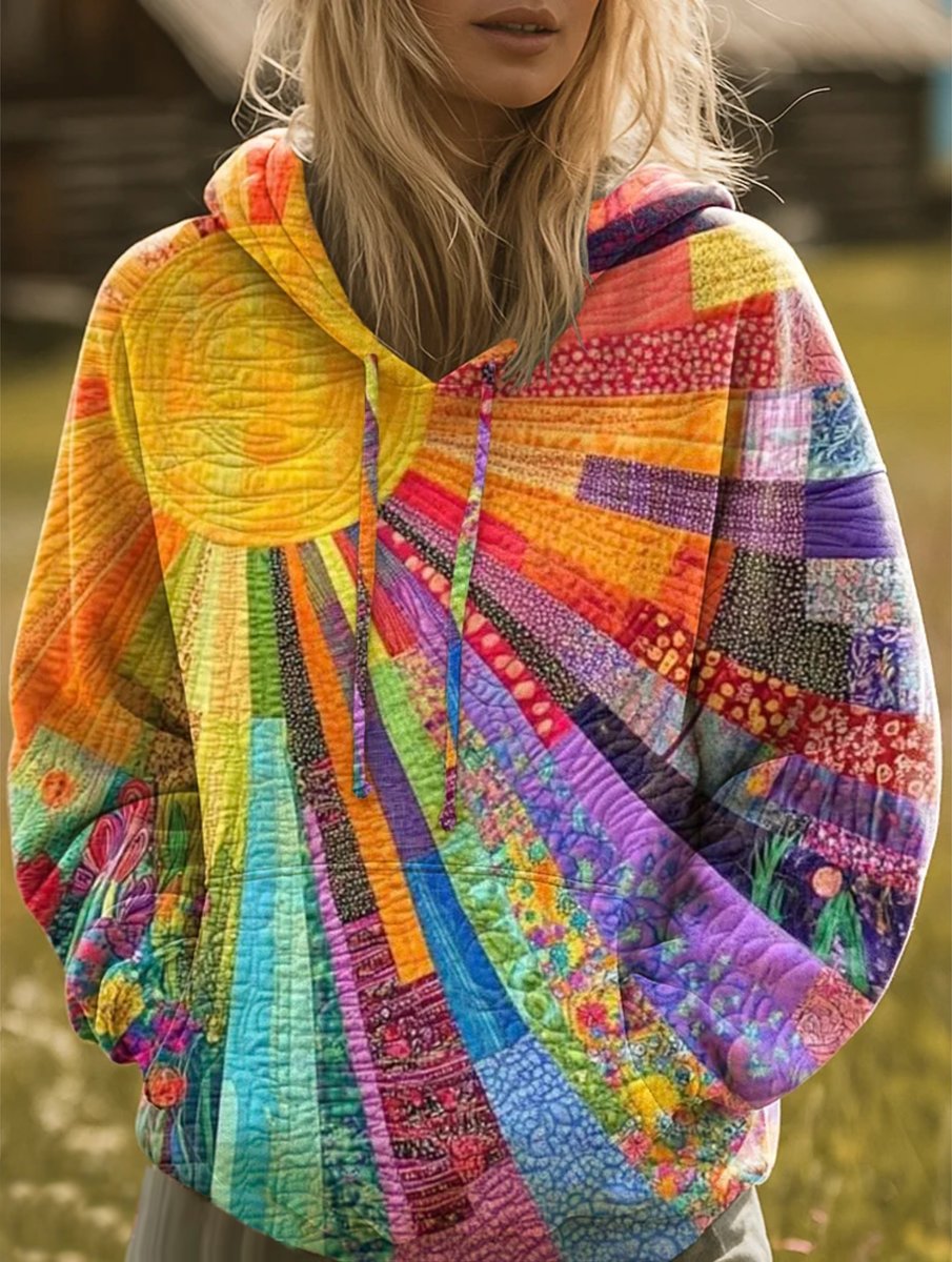 Women's Bohemian Quilted Patchwork Hoodie Oversized Pullover Casual Festival Sweater - Lolly 