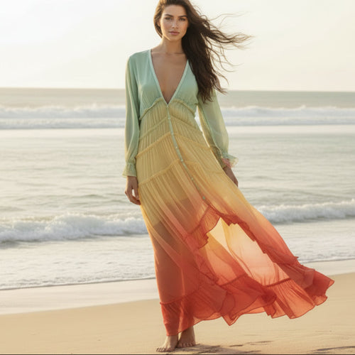 Women's Bohemian Rainbow Tiered Long Dress Flowy Layers V-Neck Long Sleeve Casual Summer Festival Dress – Multicolor - Lolly 