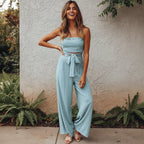 Women's Bohemian Strapless Backless Wide Leg Jumpsuit Casual Summer Beach Wedding Guest Garden Party Boho – White Green Beige - Lolly 