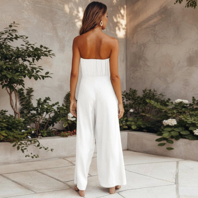 Women's Bohemian Strapless Backless Wide Leg Jumpsuit Casual Summer Beach Wedding Guest Garden Party Boho – White Green Beige - Lolly 