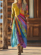 Women's Bohemian Sun Design Maxi Dress Long Sleeve V-Neck Colorful Patchwork Print Casual Summer Festival Travel Beach Vacation Everyday – Solara - Lolly 