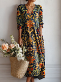 Women's Boho Baroque Scroll Midi Dress V-Neck Long Sleeve Floral Casual Summer - Lolly 