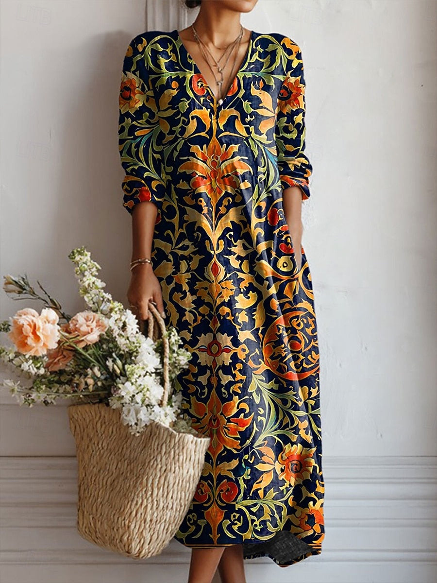Women's Boho Baroque Scroll Midi Dress V-Neck Long Sleeve Floral Casual Summer - Lolly 