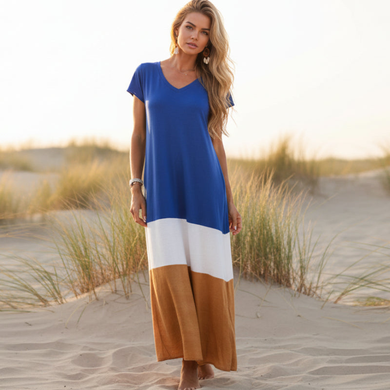 Women's Boho Color Block Loose Long Dress Casual Everyday Beach Vacation Summer Flowy Comfortable – Grey White Olive Red Yellow Green - Lolly 