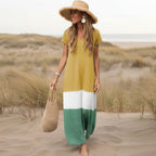 Women's Boho Color Block Loose Long Dress Casual Everyday Beach Vacation Summer Flowy Comfortable – Grey White Olive Red Yellow Green - Lolly 