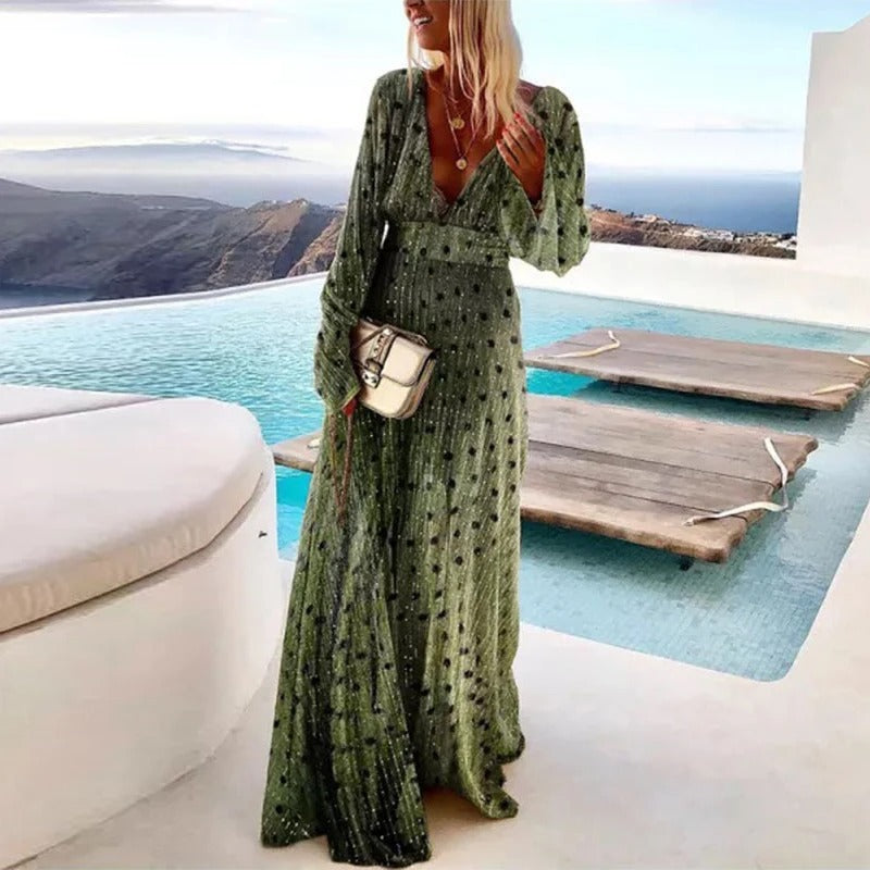 Women's Boho Flowy V-Neck Long Sleeve Shimmer Dot Long Dress Formal Beach Vacation Wedding Guest Garden Summer Sunset Dinner Resort – Esmeralda - Lolly 