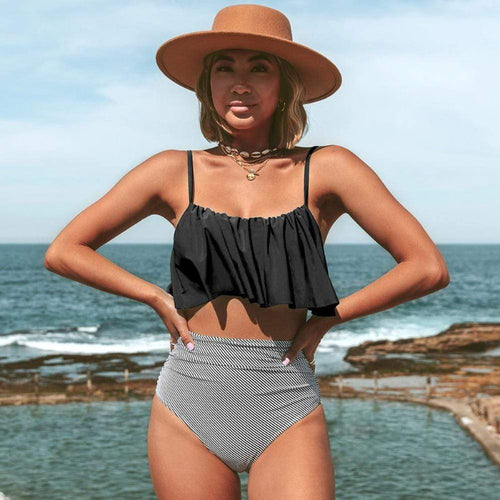 Women's Boho High Waist Ruffle Tank Bikini Set Spandex Nylon Tummy Control Beach Summer – Mult - Lolly 