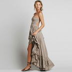 Women's Boho Hippie Backless Halter Long Dress Cotton Rayon Strappy Waterfall Skirt Wedding Guest Party Summer Dress – Multicolor - Lolly 
