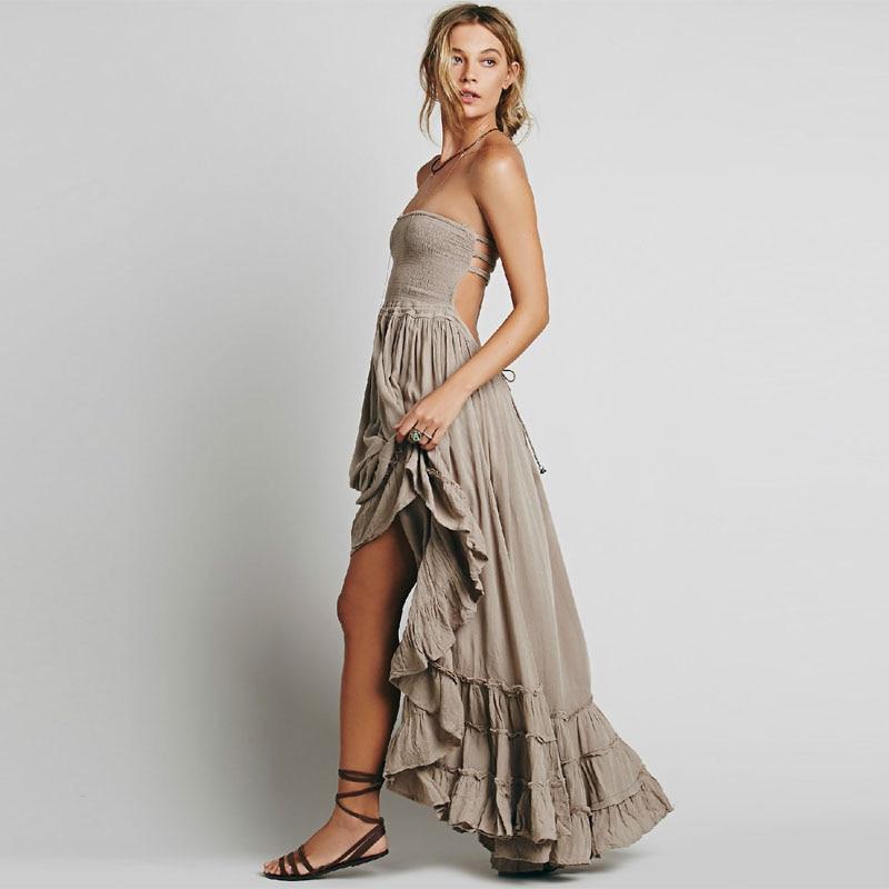Women's Boho Hippie Backless Halter Long Dress Cotton Rayon Strappy Waterfall Skirt Wedding Guest Party Summer Dress – Multicolor - Lolly 
