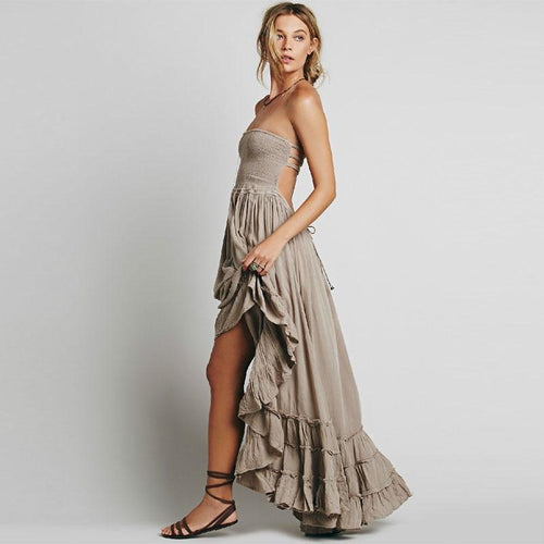 Women's Boho Hippie Backless Halter Long Dress Cotton Rayon Strappy Waterfall Skirt Wedding Guest Party Summer Dress – Multicolor - Lolly 