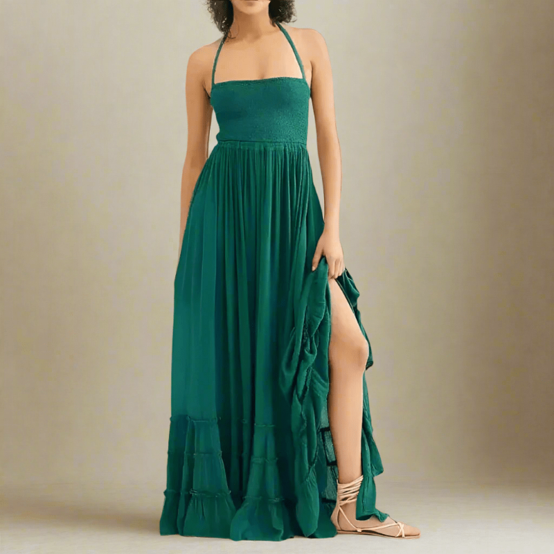 Women's Boho Hippie Backless Halter Long Dress Cotton Rayon Strappy Waterfall Skirt Wedding Guest Party Summer Dress – Multicolor - Lolly 