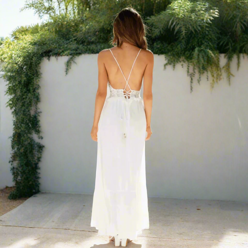 Women's Boho Lace Hollow-Out Long Dress Spaghetti Strap A-Line Flowy  Summer Casual Dress – White - Lolly 