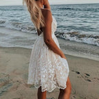 Women's Boho Lace Mini Dress Spaghetti Strap Deep V-Neck Empire Waist Sleeveless Party Summer Beach Dress – White - Lolly 