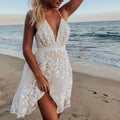 Women's Boho Lace Mini Dress Spaghetti Strap Deep V-Neck Empire Waist Sleeveless Party Summer Beach Dress – White - Lolly 