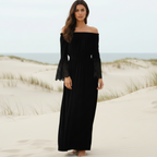 Women's Boho Lace Off-Shoulder Long Dress Long Sleeve Flared Beach Summer Dress – White Black - Lolly 