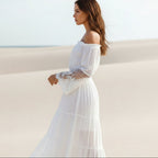 Women's Boho Lace Off-Shoulder Long Dress Long Sleeve Flared Beach Summer Dress – White Black - Lolly 