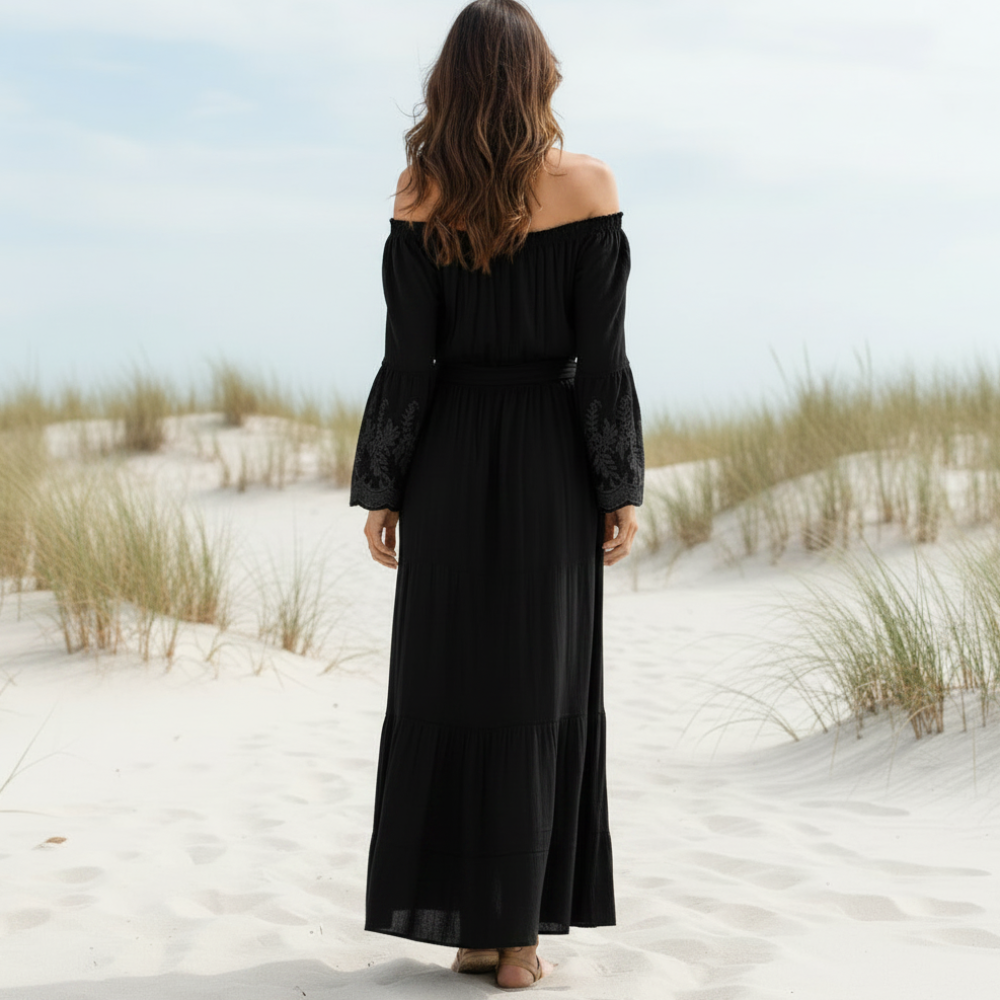 Women's Boho Lace Off-Shoulder Long Dress Long Sleeve Flared Beach Summer Dress – White Black - Lolly 