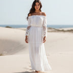 Women's Boho Lace Off-Shoulder Long Dress Long Sleeve Flared Beach Summer Dress – White Black - Lolly 