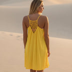 Women's Boho Sleeveless Beach Cover Up Mini Dress Spaghetti Strap See-Through Crochet Back Casual Summer Dress - Lolly 