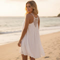 Women's Boho Sleeveless Beach Cover Up Mini Dress Spaghetti Strap See-Through Crochet Back Casual Summer Dress - Lolly 