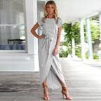 Women's Boho Split Long Dress Square Neck Short Sleeve Layered Slit Casual Summer Party Dress – Multicolor - Lolly 