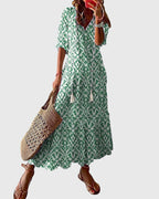 Women's Boho Vintage Summer Midi Dress Floral Print Short Sleeve Casual Feminine Chic – Amalia - Lolly 