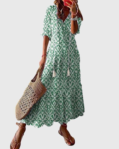 Women's Boho Vintage Summer Midi Dress Floral Print Short Sleeve Casual Feminine Chic – Amalia - Lolly 