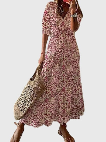 Women's Boho Vintage Summer Midi Dress Floral Print Short Sleeve Casual Feminine Chic – Amalia - Lolly 