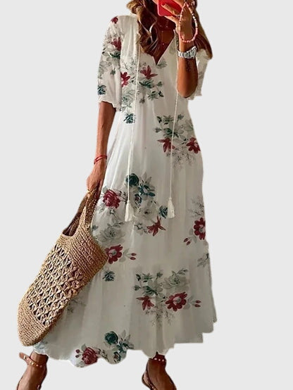 Women's Boho Vintage Summer Midi Dress Floral Print Short Sleeve Casual Feminine Chic – Amalia - Lolly 
